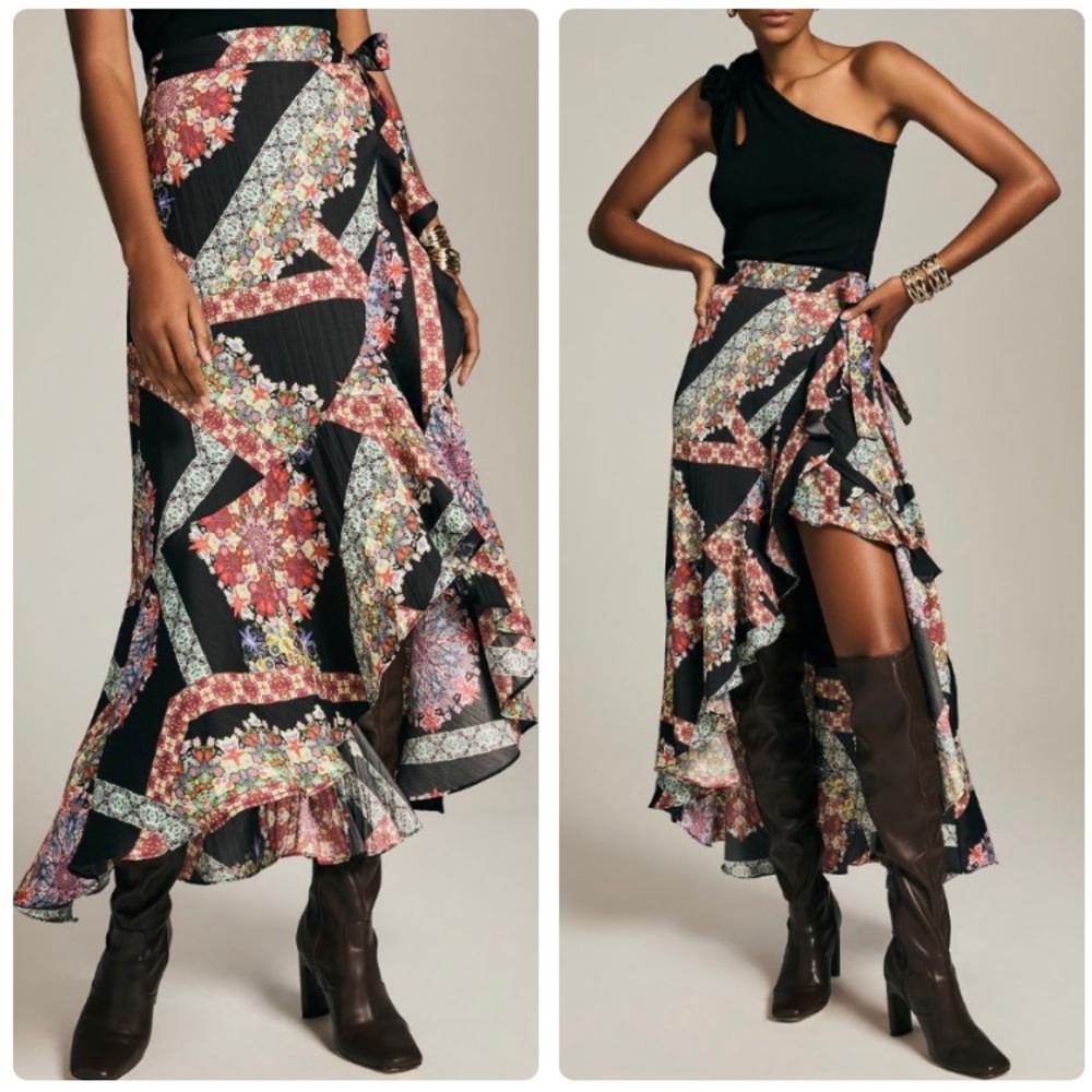 EUC Anthropologie Maeve Ruffle Wrap Midi Skirt